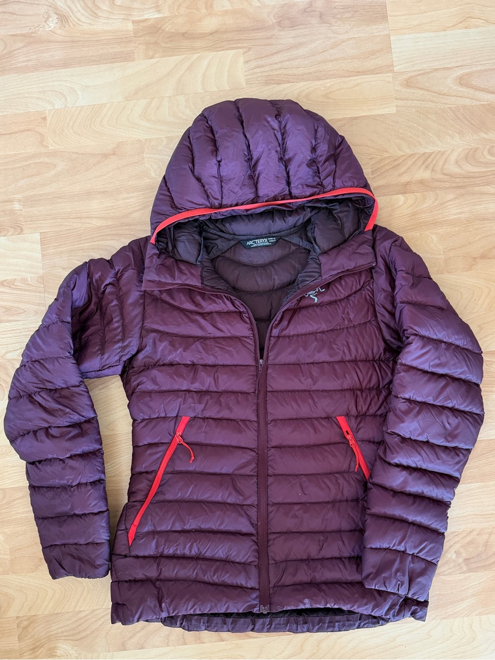 Arc'teryx Women's Deep Plum Hooded Down Puffer with Red Accents